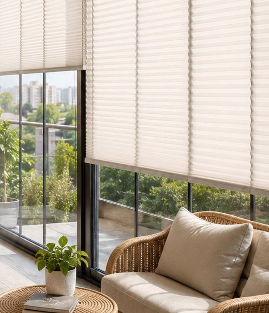 Krem plise perde uygulanmış cam balkon.
